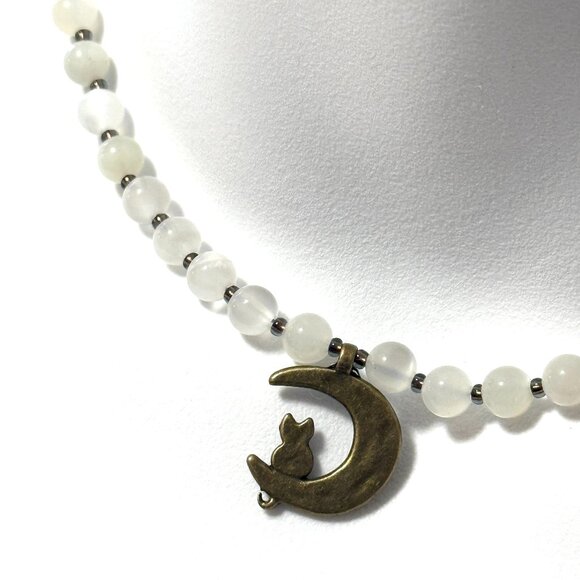 White Moonstone Bronze Cat on the Moon Necklace, Genuine Gemstone Beaded Choker - Picture 1 of 13
